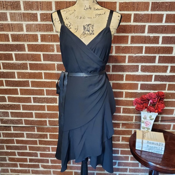 Cuyana Dresses & Skirts - Cuyana Black Silk Wrap Faux Leather Belt Ruffle Hem Sleeveless Dress Large